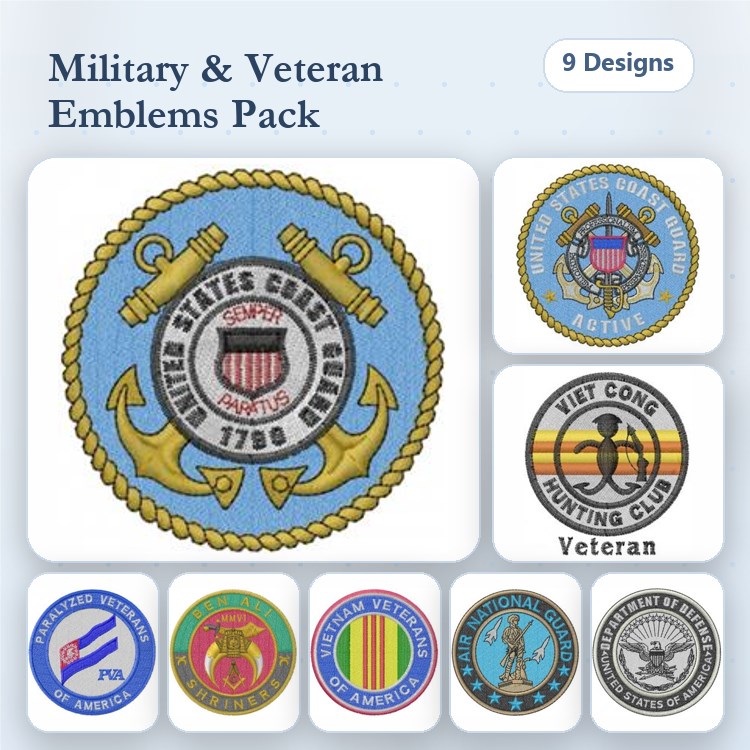 Military Emblems Embroidery Bundle – United States Coast Guard, Navy, Veteran & More (9 Designs)