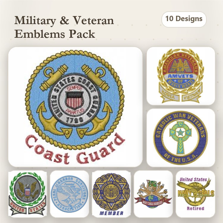 Military Emblems Embroidery Bundle – Coast Guard, Amvets, Navy, Army & More (10 Designs)