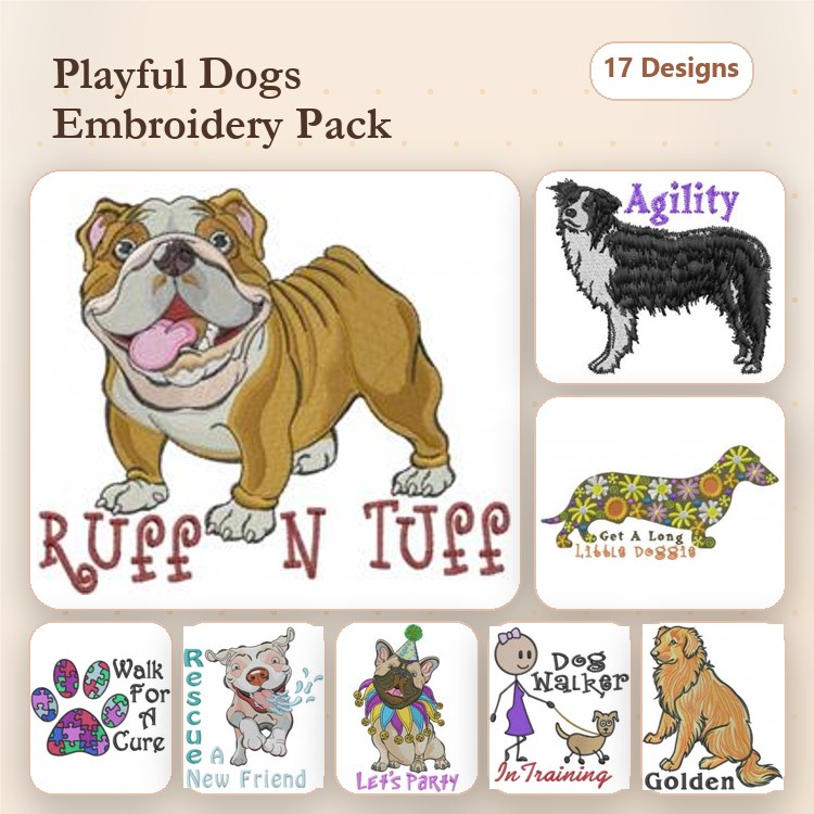 Dog Embroidery Bundle – French Bulldog, Saint Bernard & More (17 Designs)