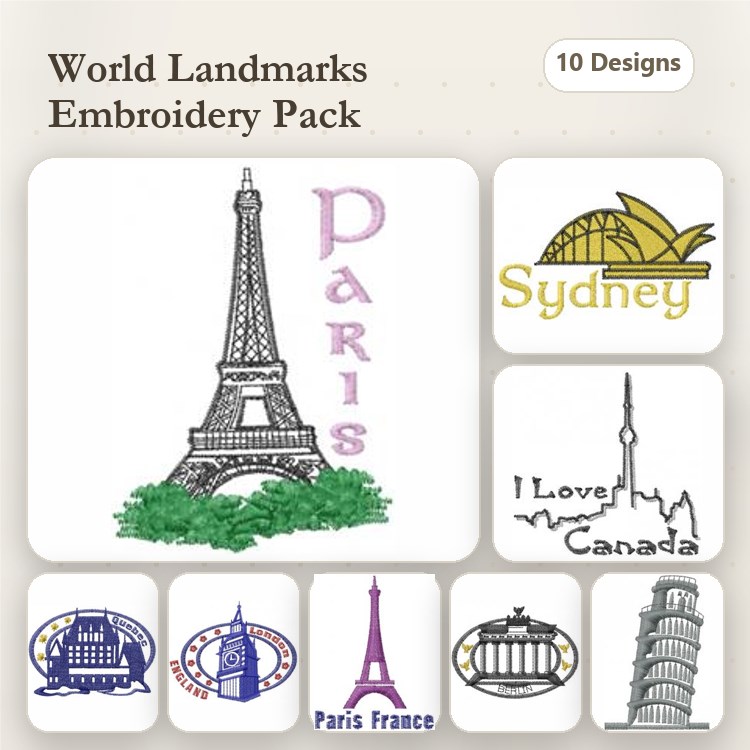 World Landmarks Embroidery Designs Bundle – Eiffel Tower, Sydney Opera House, Big Ben & More (10 Designs)