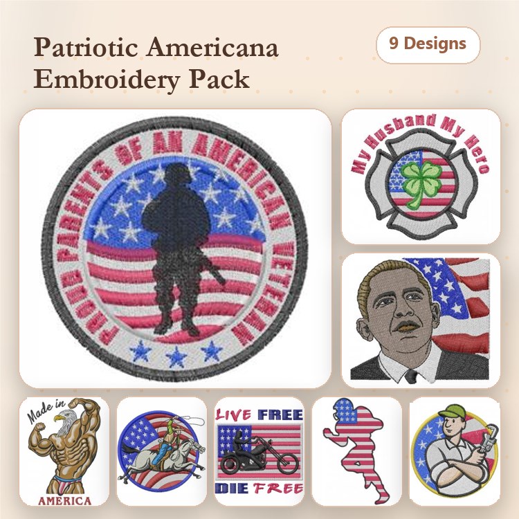 Patriotic Americana Embroidery Designs Bundle – American Veteran Emblem, Barack Obama Portrait, Shamrock Design & More (9 Designs)