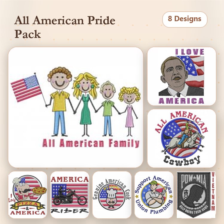 American Pride Embroidery Designs Bundle – All American Family, I Love America, American Eagle & More (8 Designs)