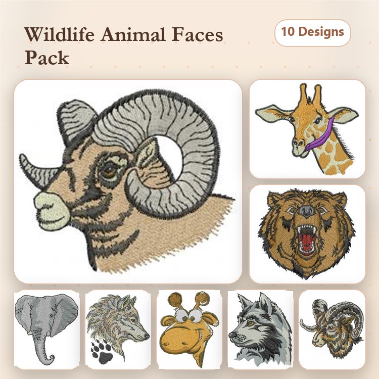 Wildlife Animal Faces Embroidery Bundle – Bighorn Sheep, Giraffe, Lion & More (10 Designs)