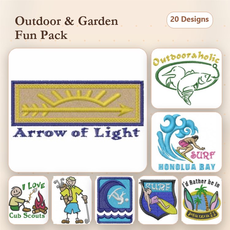 Outdoor and Garden Embroidery Designs Bundle – Arrow of Light, Outdooraholic, Surf Scene & More (20 Designs)