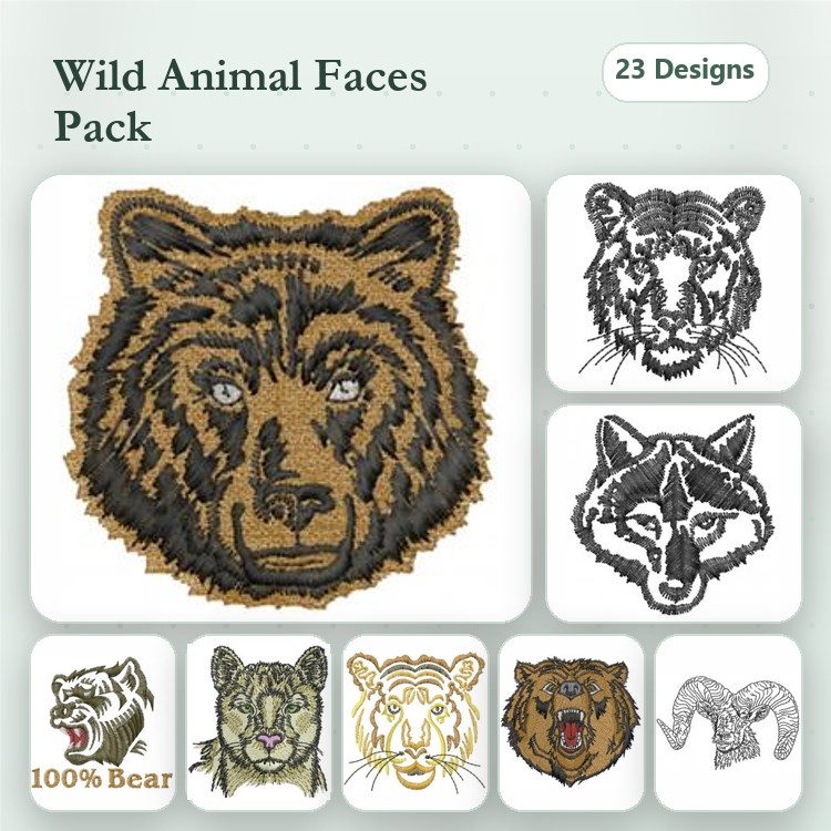 Wild Animal Faces Embroidery Bundle – Bear Face, Tiger Face, Wolf Face & More (23 Designs)