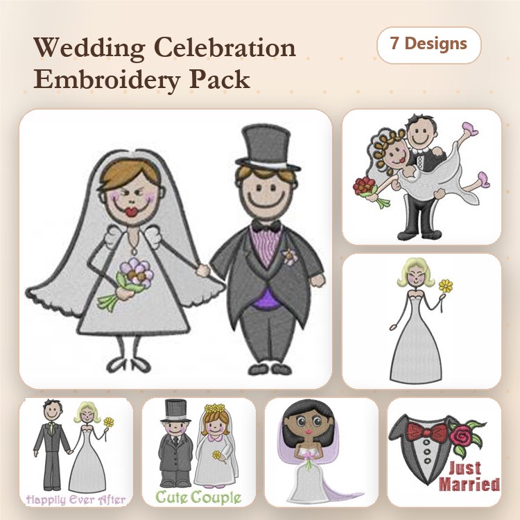 Wedding Celebration Embroidery Bundle – Bridal Couple, Groom with Tuxedo, Bride with Bouquet & More (7 Designs)