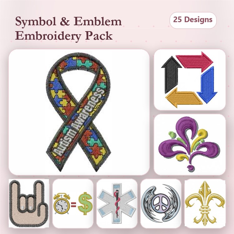 Symbols & Emblems Embroidery Designs Bundle – Autism Awareness Ribbon, Fleur-de-lis, Rock Hand Gesture & More (25 Designs)