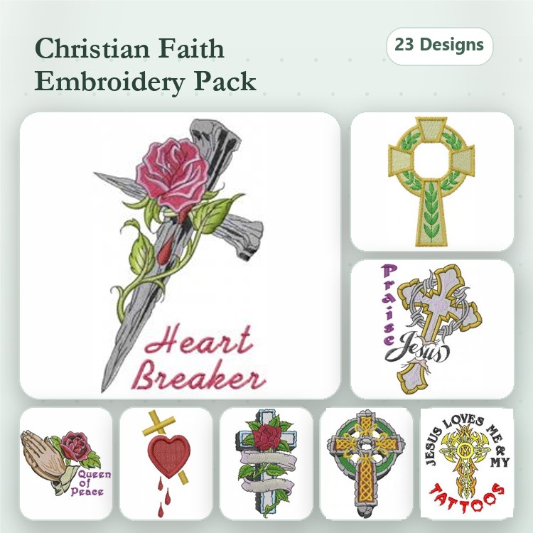 Christian Faith Embroidery Designs Bundle – Heart Breaker, Queen of Peace, Cross with Rose & More (23 Designs)