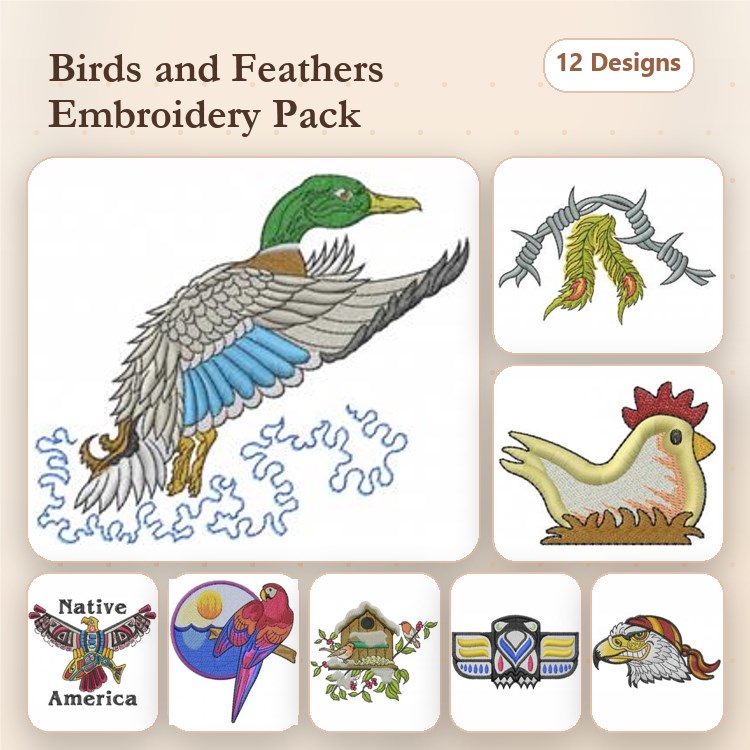 Birds and Feathers Embroidery Designs Bundle – Mallard Duck, Hummingbird, Chicken & More (12 Designs)
