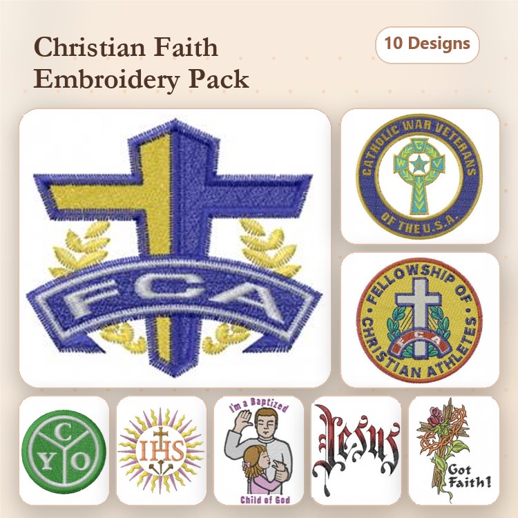 Christian Faith Symbols Embroidery Bundle – Cross & Logos, Fellowship & More (10 Designs)