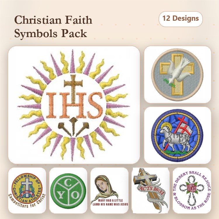 Christian Faith Symbols Embroidery Designs Bundle – IHS Symbol, Cross with Radiance, Lamb of God & More (12 Designs)