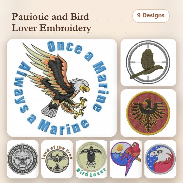 Patriotic Bird Embroidery Bundle – Eagle, Marine Emblem, Parrot & More (9 Designs)
