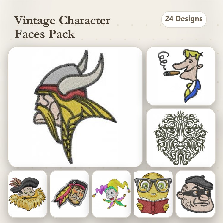 Vintage Character Faces Embroidery Designs Bundle – Viking Face, Gentleman with Pipe, Smiling Dog & More (24 Designs)