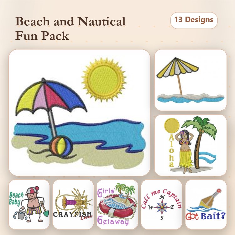 Beach & Nautical Embroidery Designs Bundle – Beach Umbrella, Sun, Beach Ball, Hula Girl & More (13 Designs)