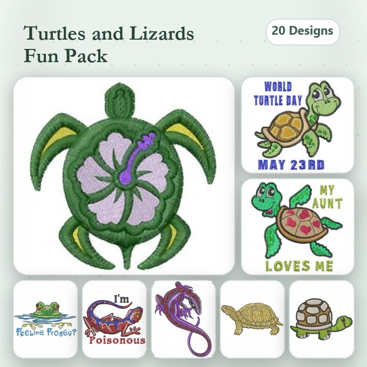 Turtles & Lizards Embroidery Designs Bundle – Turtle with Flower, I'm Poisonous, Tortoise & More (20 Designs)