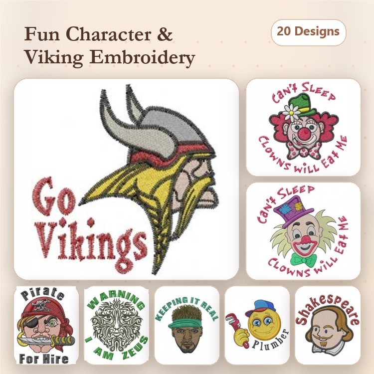 Fun Characters Embroidery Designs Bundle – Viking Helmet, Clown with Text, Pirate For Hire & More (20 Designs)