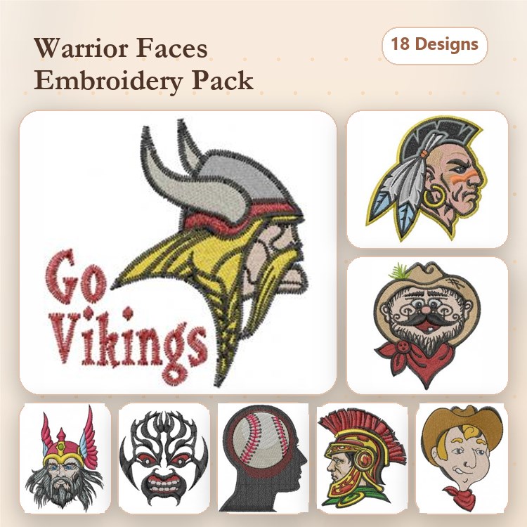 Warrior Faces Embroidery Designs Bundle – Viking Warrior, Native American Warrior, Cowboy Face & More (18 Designs)