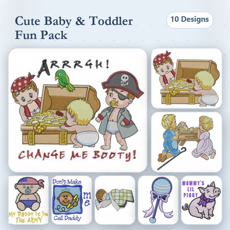 Cute Baby and Toddler Embroidery Designs Bundle – Pirate Baby, Baby with Parrot, Baby with Teddy Bear & More (10 Designs)