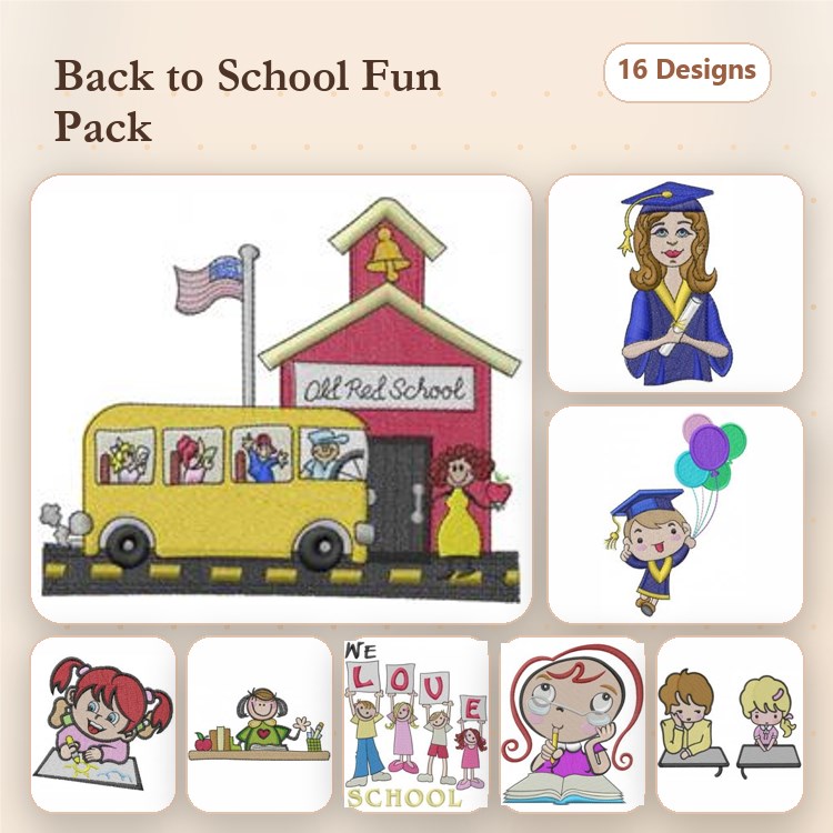 Back to School Embroidery Designs Bundle – School House, Graduated Kids, School Supplies & More (16 Designs)