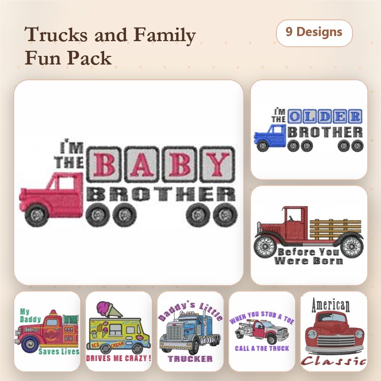 Family & Trucks Embroidery Designs Bundle – I'm the Baby Brother, Daddy Drives Me Crazy, & More (9 Designs)