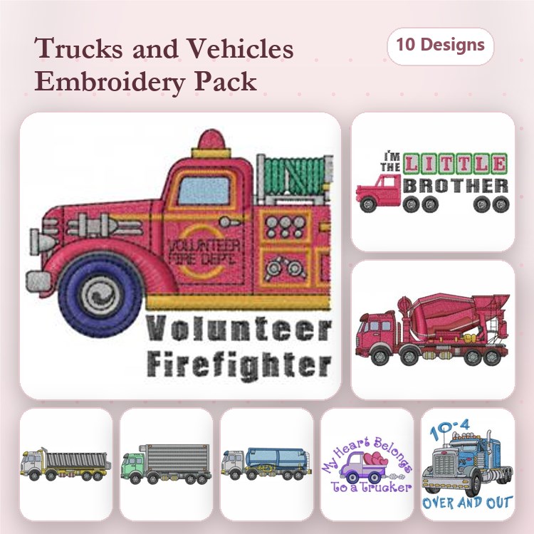 Trucks and Vehicles Embroidery Designs Bundle – Fire Truck, Cement Mixer, Tow Truck & More (10 Designs)