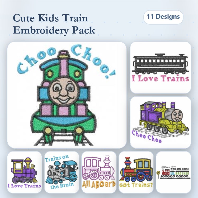 Cute Train Embroidery Designs Bundle – Choo Choo Train, Vintage Train, Colorful Locomotive & More (11 Designs)