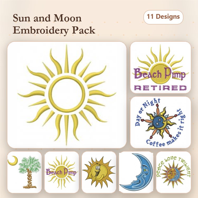 Sun & Moon Embroidery Designs Bundle – Sun with Rays, Moon Design, Coffee Makes It Right & More (11 Designs)