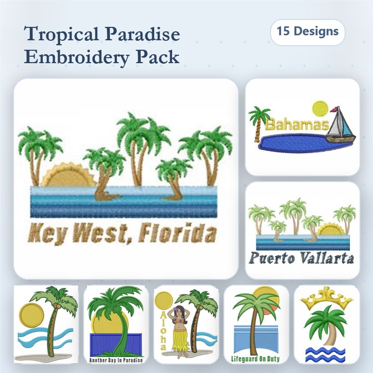Tropical Destinations Embroidery Bundle – Key West, Puerto Vallarta, Sunset in Paradise & More (15 Designs)