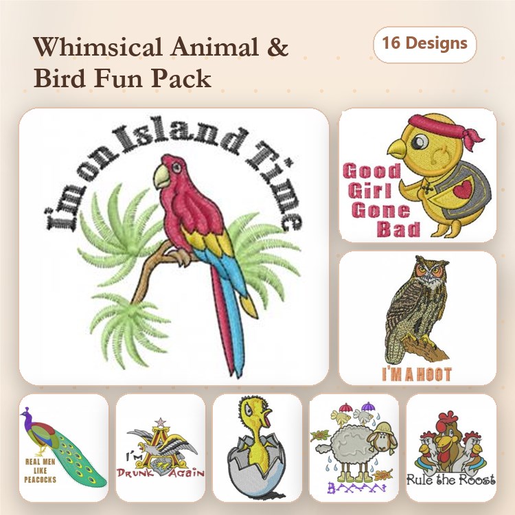 Cute Animal Friends Embroidery Bundle – Parrot, Chick, Owl, Peacock & More (16 Designs)