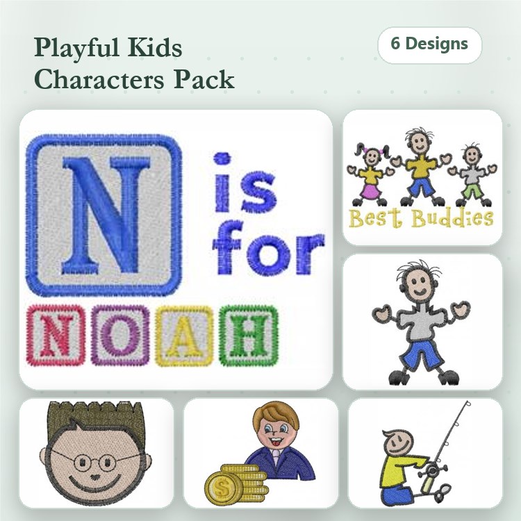 Playful Kids Characters Embroidery Designs Bundle – Letter N with Noah, Best Buddies, Smiling Boy & More (6 Designs)