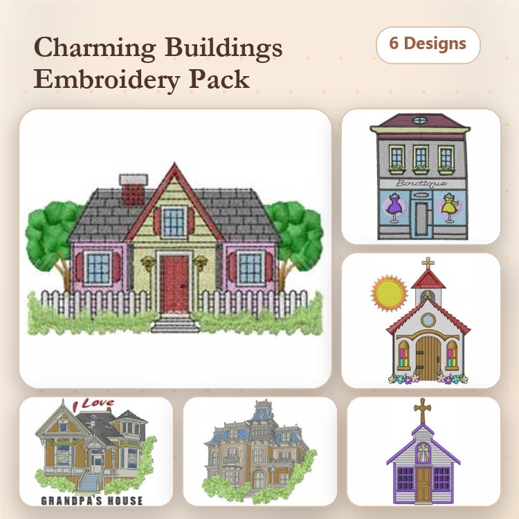 Charming Buildings Embroidery Designs Bundle – Grandpa's House, Church, Town Hall & More (6 Designs)