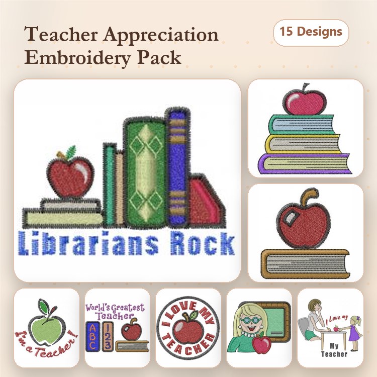 Teacher Appreciation Embroidery Designs Bundle – Teacher Apple, Books with Apple, Librarians Rock & More (15 Designs)