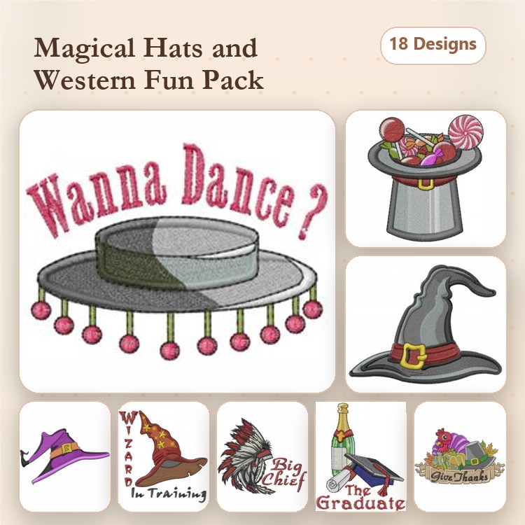 Magical Western-Themed Hats Embroidery Bundle – Magician's Hat, Graduation Hat, Wizard Hat & More (18 Designs)