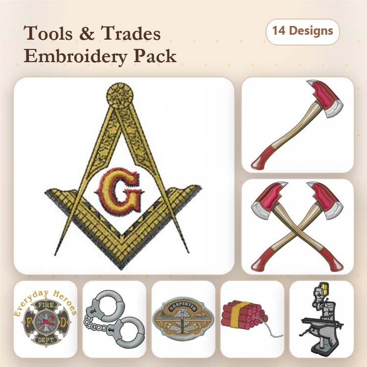Tools and Trades Embroidery Bundle – Masonic Square, Crossed Axes, Hammer & More (14 Designs)