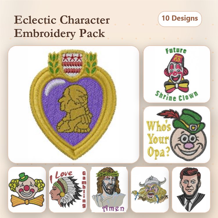 Eclectic Character Embroidery Designs Bundle – Purple Heart Emblem, Future Shrine Clown, Who's Your Opa? & More (10 Designs)