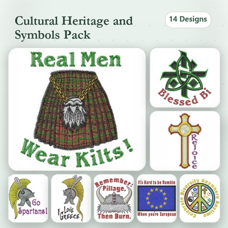 Cultural Heritage Embroidery Designs Bundle – Scottish Kilt, Celtic Knot, I Love Greece & More (14 Designs)