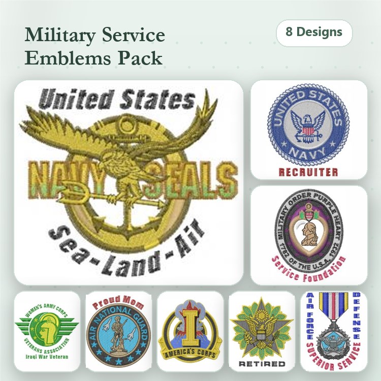 Military Service Emblems Embroidery Designs Bundle – Navy Seals, Marine, Coast Guard & More (8 Designs)
