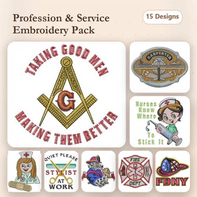 Profession & Service Symbols Embroidery Designs Bundle – Masonic Symbol, Nurse, Fire Department & More (15 Designs)