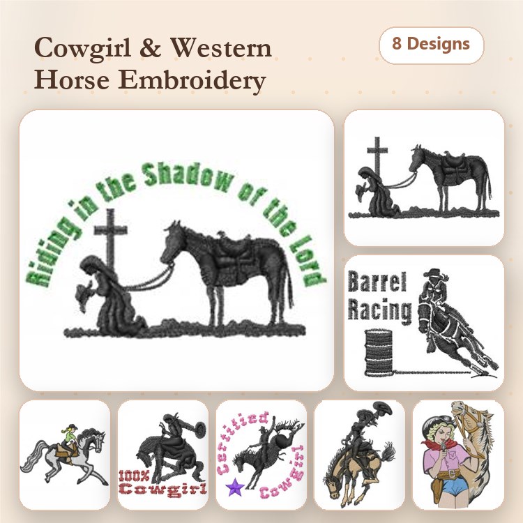 Cowgirl & Western Horse Embroidery Bundle – Riding in the Shadow of the Lord, Horse with Cross, Barrel Racing & More (8 Designs)
