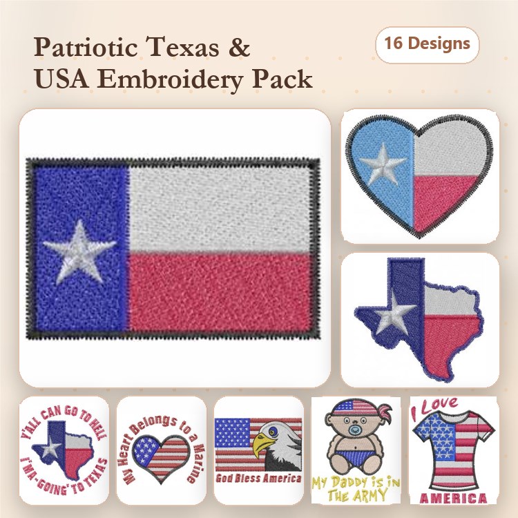 Patriotic Texas & USA Embroidery Designs Bundle – Texas Flag, Heart with Texas Flag, Eagle with American Flag & More (16 Designs)