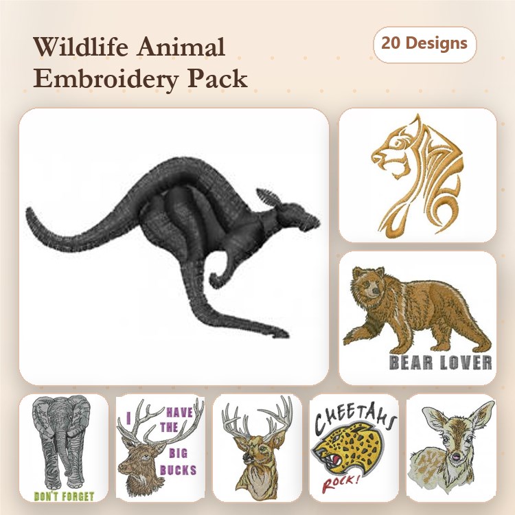 Wildlife Animals Embroidery Bundle – Kangaroo, Lion Head, Bear Lover & More (20 Designs)