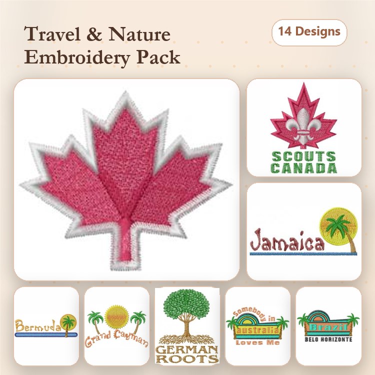 Travel & Nature Embroidery Bundle – Canadian Maple Leaf, Scouts Canada Emblem, Jamaica Emblem & More (14 Designs)