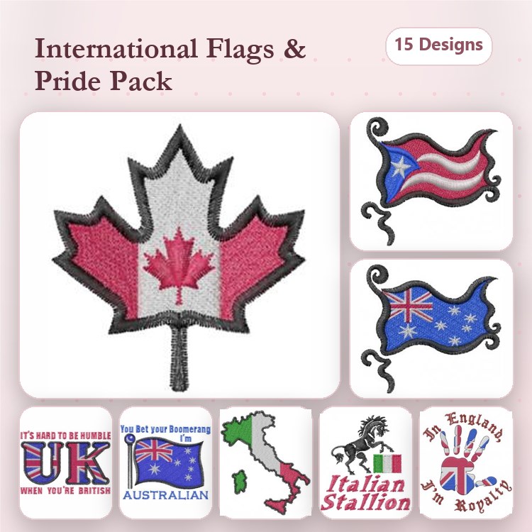 International Flags & Pride Symbols Embroidery Bundle – Canadian Flag, British Flag, Australian Flag & More (15 Designs)