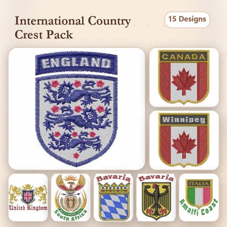 International Country Crests Embroidery Bundle – England Crest, Canada Crest, Winnipeg Crest & More (15 Designs)