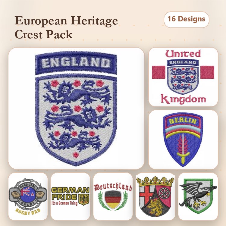 European Heritage Crests Embroidery Designs Bundle – England Crest, Berlin Crest, German Eagle Crest & More (16 Designs)