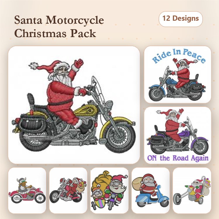 Santa on Motorcycles Embroidery Designs Bundle – Santa on Motorcycle, Santa in Sidecar, Santa Riding with Gifts & More (12 Designs)
