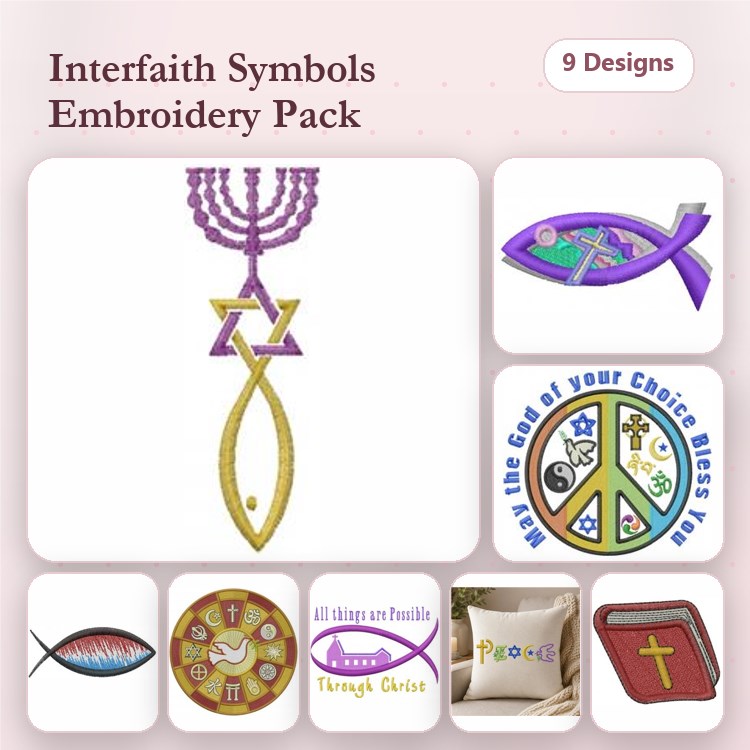 Interfaith Symbols Embroidery Designs Bundle – Menorah, Star of David, Christian Fish & More (9 Designs)