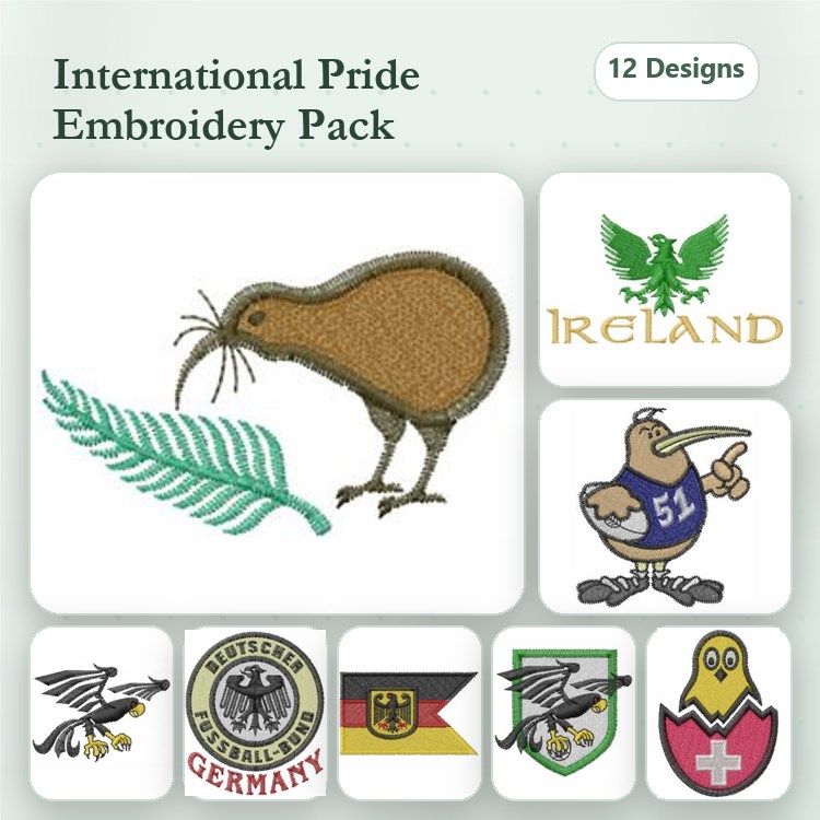 International Pride Symbols Embroidery Designs Bundle – Kiwi Bird with Fern, Ireland Eagle, Germany Eagle Emblem & More (12 Designs)