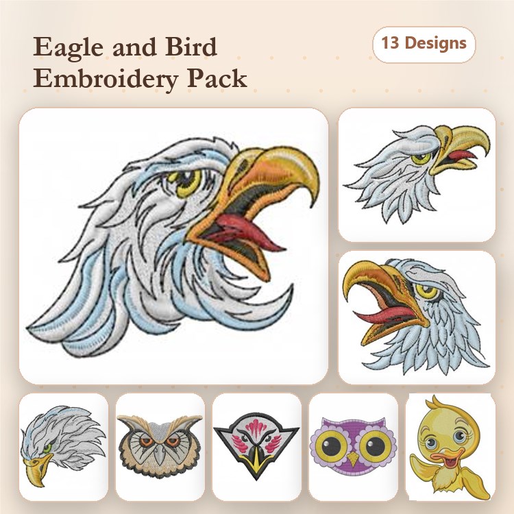 Eagles and Birds Embroidery Designs Bundle – Eagle Head, Owl, Duckling & More (13 Designs)