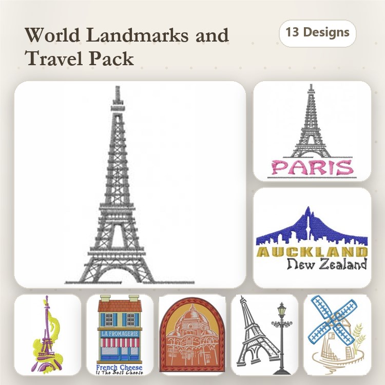 World Landmarks Embroidery Designs Bundle – Eiffel Tower, Colosseum, Pyramid & More (13 Designs)